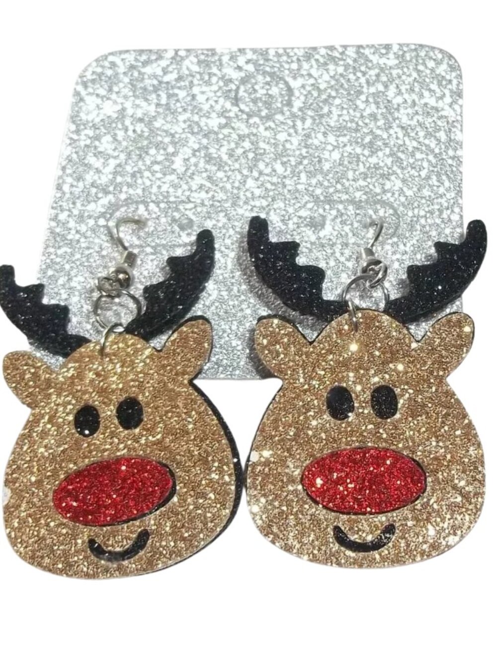 Glittery Rudolf Reindeer Earrings Festive Holiday Christmas Jewelry